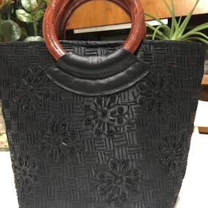 Silk Beaded Evening Handbag with Wooden Handle